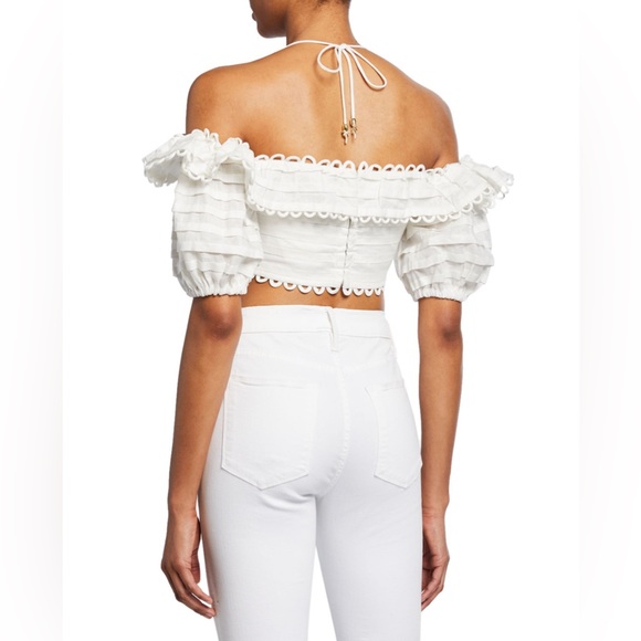 ZIMMERMANN Allia Loop Lace Off-The-Shoulder Short Sleeve Crop Top Zimmermann 1 - Picture 10 of 13